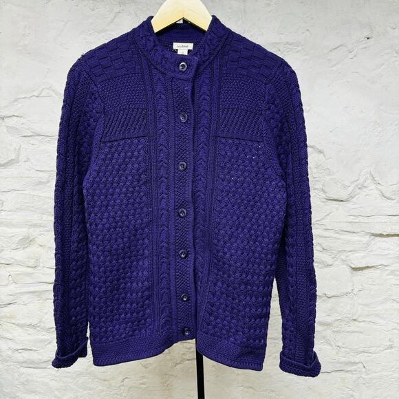 LL BEAN Sweater Womens M Button Up Cable Knit Cardigan Cotton Purple - Picture 1 of 6